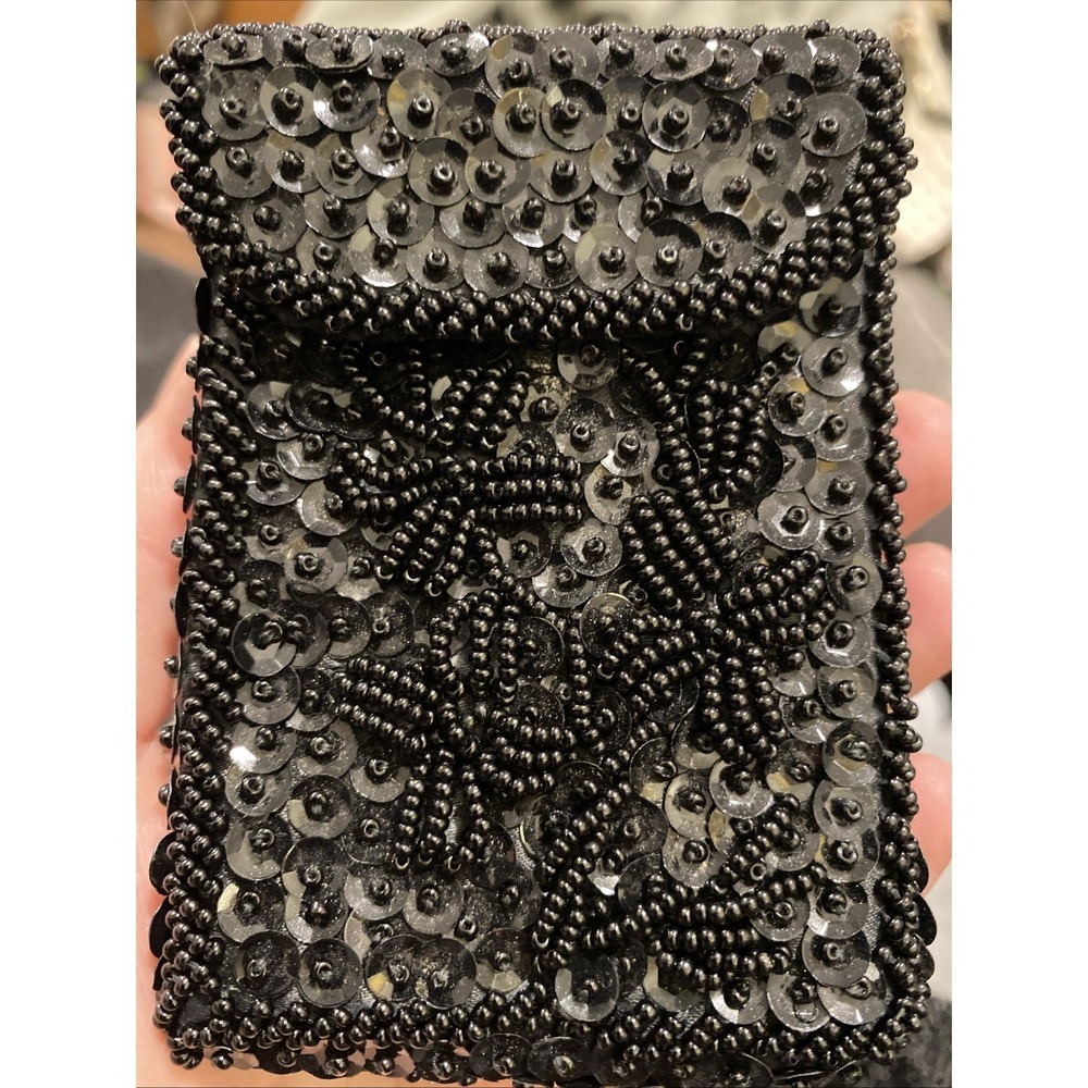 Vintage Black Beaded Sequin Card Case Cigarette Holder Evening Mini Bag Floral